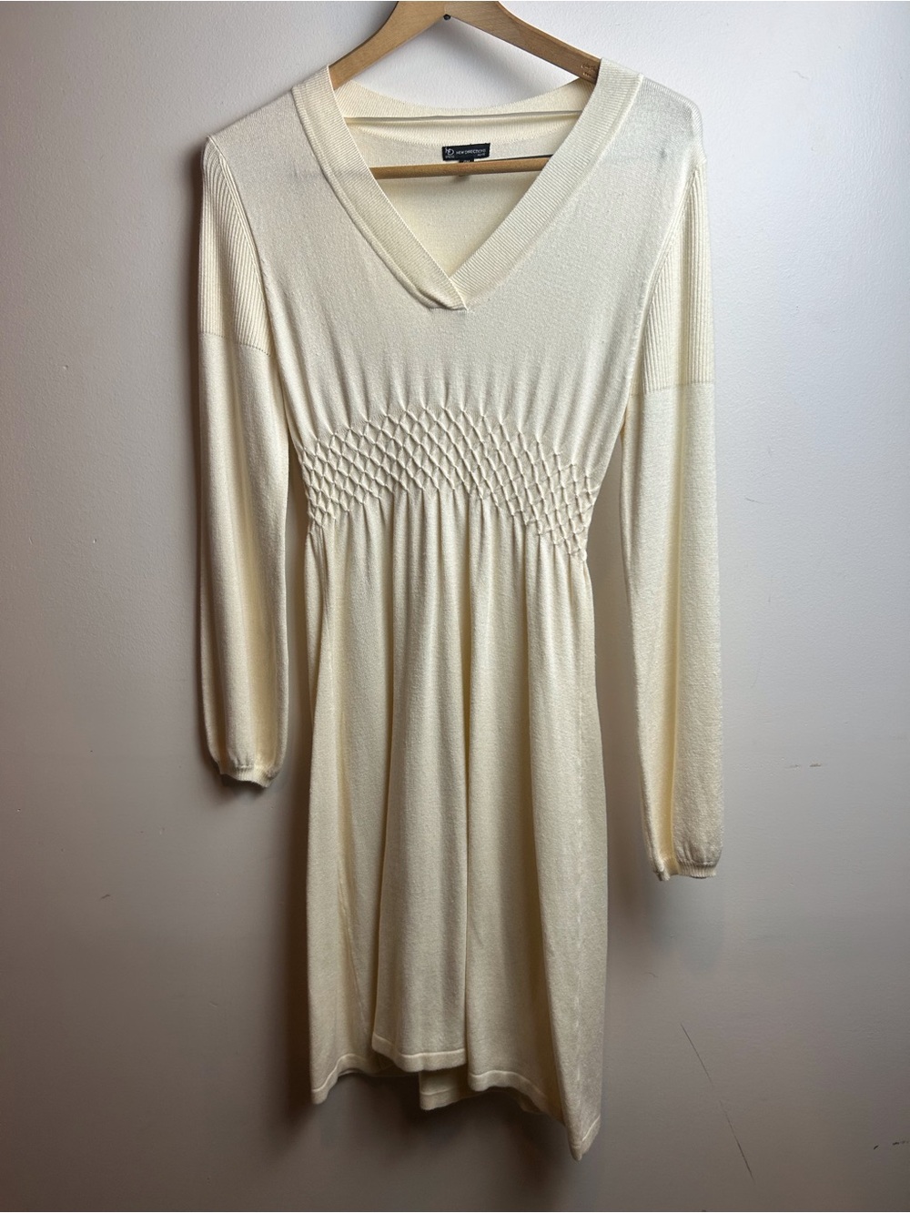 Sweater Dress Cream V-Neck Smocked-Waist Long Sleeve